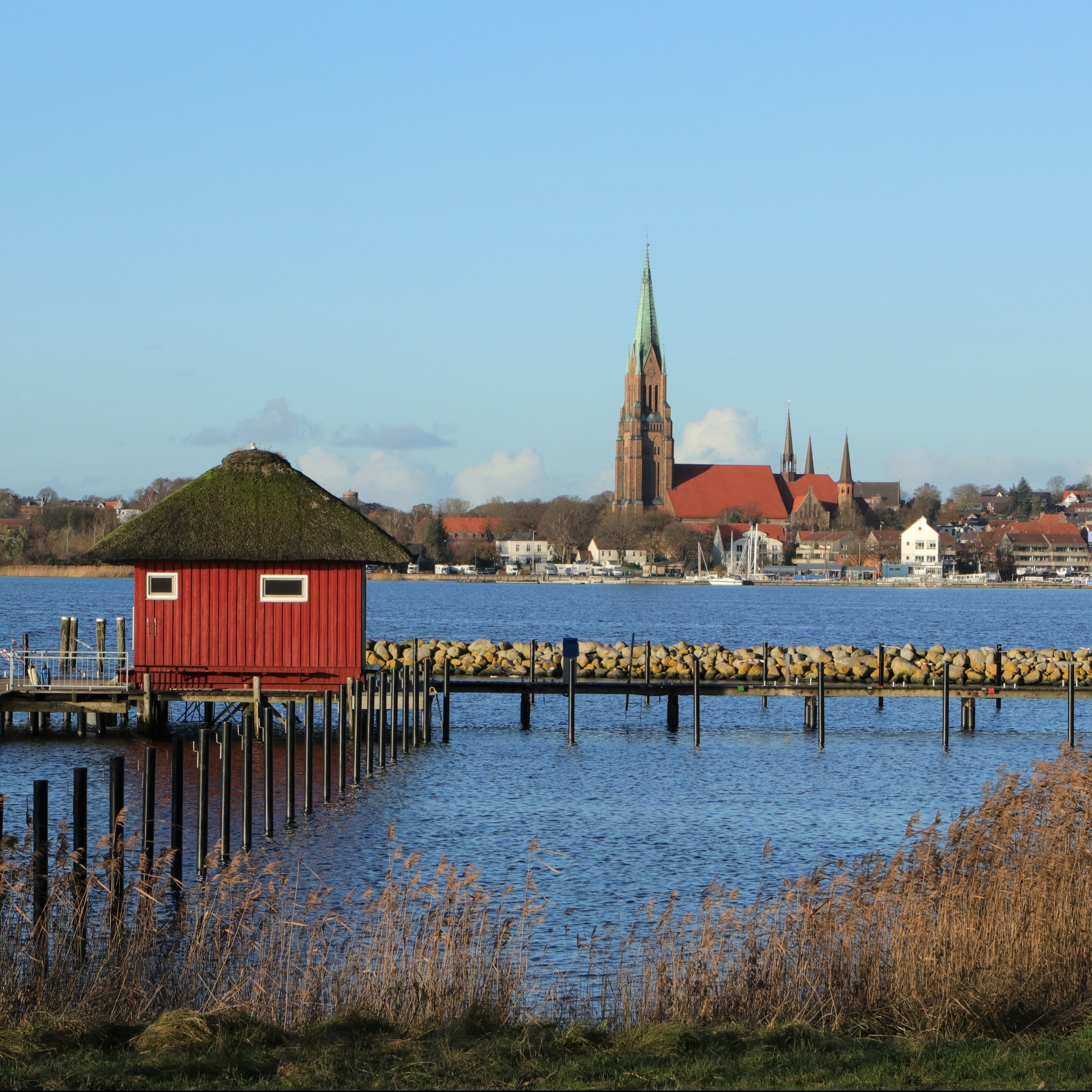 Blick über die malerische Schlei auf den Petri Dom in Schleswig, Schleswig-Holstein, Deutschland